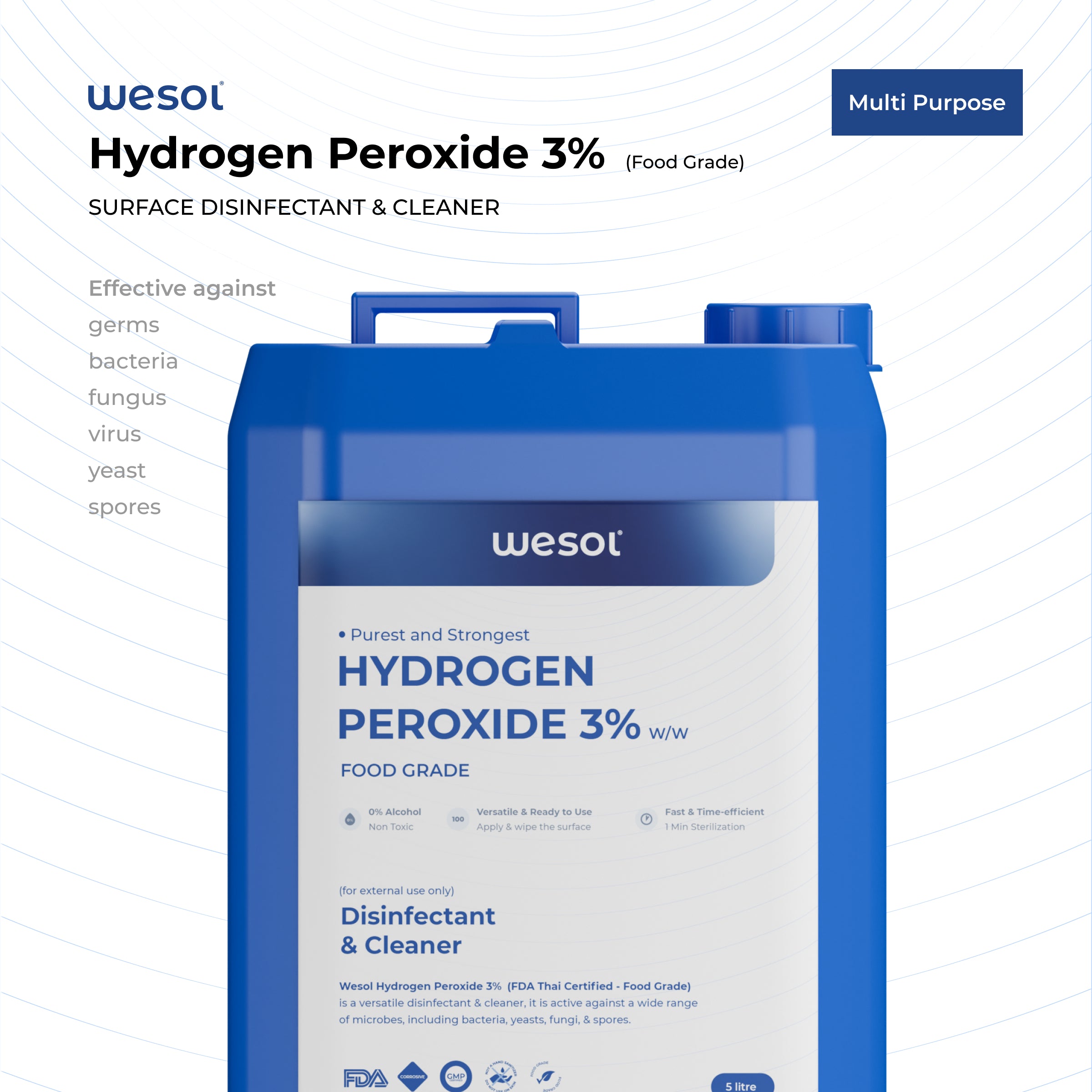 Wesol Hydrogen Peroxide 3% Food Grade | Multi-Use Disinfectant | Kills 99.9% Germs & Viruses | 5 Litre Pack - Best For Cleaning, General disinfection, deodorising, Hydroponics, Food production