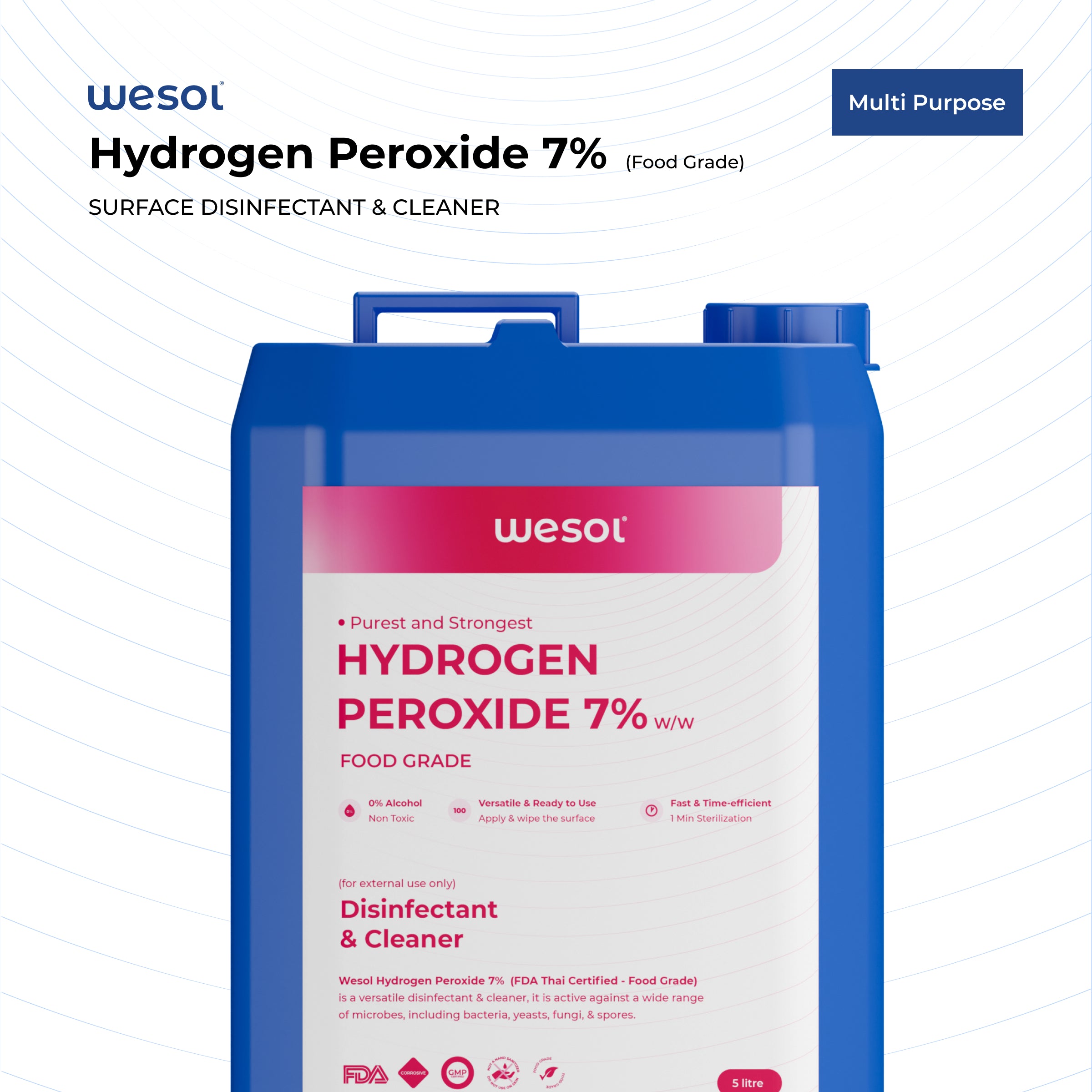 Wesol Hydrogen Peroxide 7.6% w/w (Food Grade) Floor Cleaner Solution - 5 Litre Pack | Best For Cleaning disinfection sterilization | Farming Gardening Hydroponics