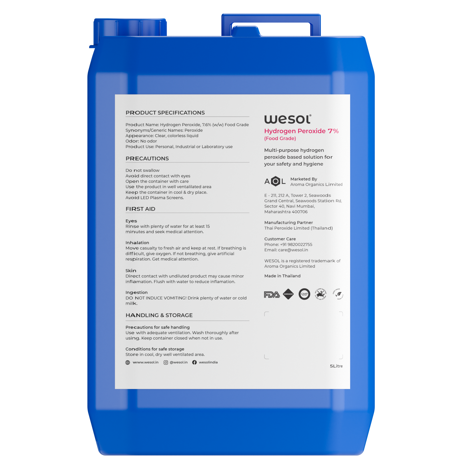 Wesol Hydrogen Peroxide 7.6% w/w (Food Grade) Floor Cleaner Solution - 5 Litre Pack | Best For Cleaning disinfection sterilization | Farming Gardening Hydroponics