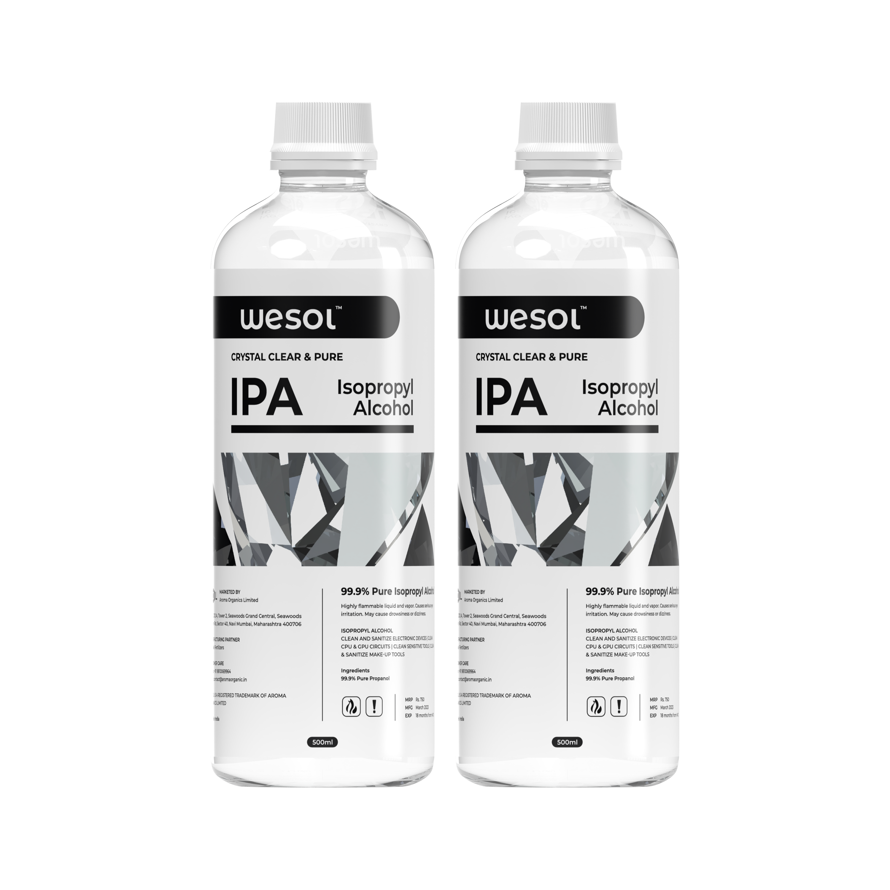 Wesol IPA Isopropyl alcohol 99.9% | (CH3)2-CH-OH CAS: 67-63-0 | Premium Grade Pure without mixing | For Technical Use | 500ml Pack of 2