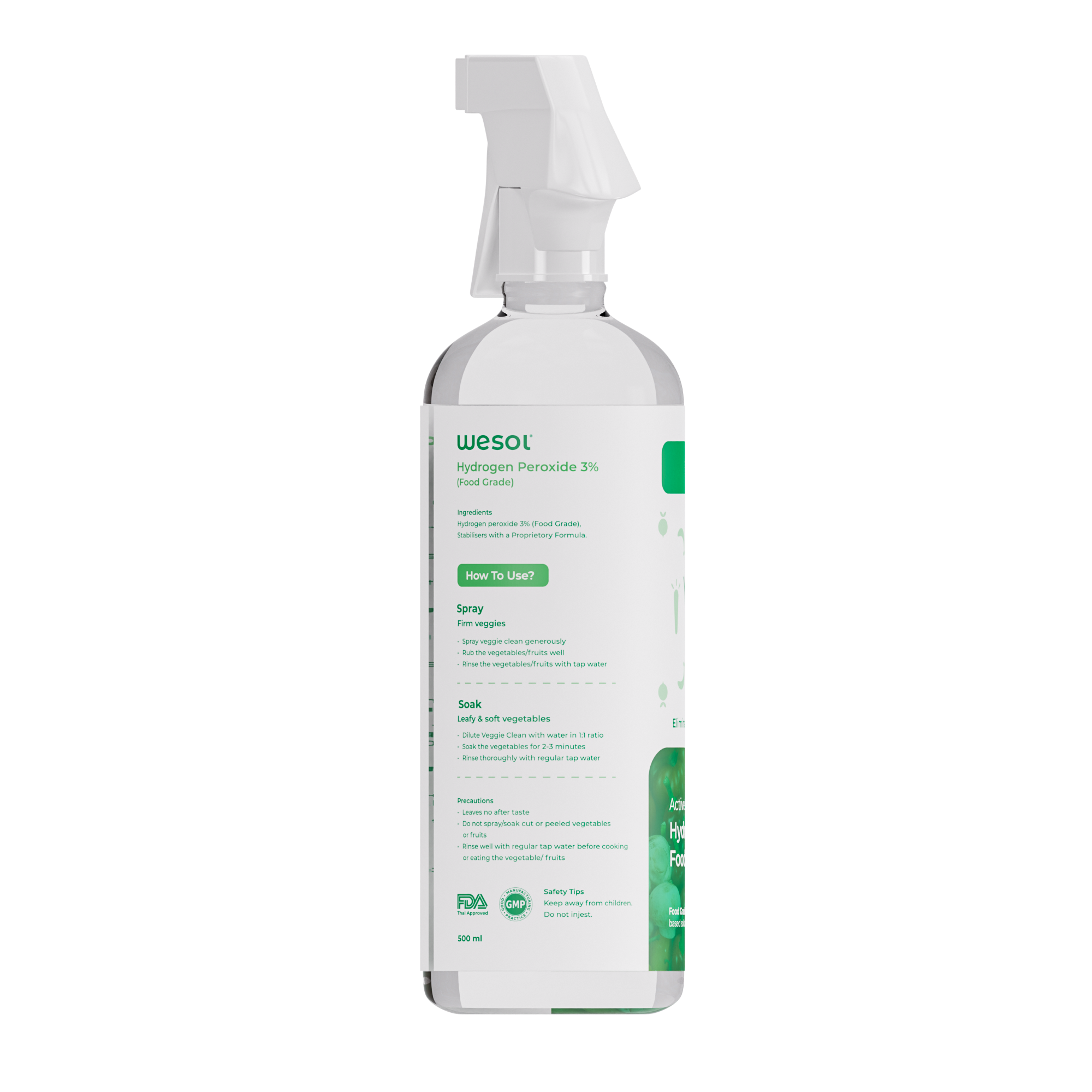 Wesol Vegetable Wash Liquid Hydrogen Peroxide 3% w/w Food Grade 500 ml Multi-Use Disinfectant | Kills 99.9% Germs & Viruses | Best For Cleaning, General Disinfection