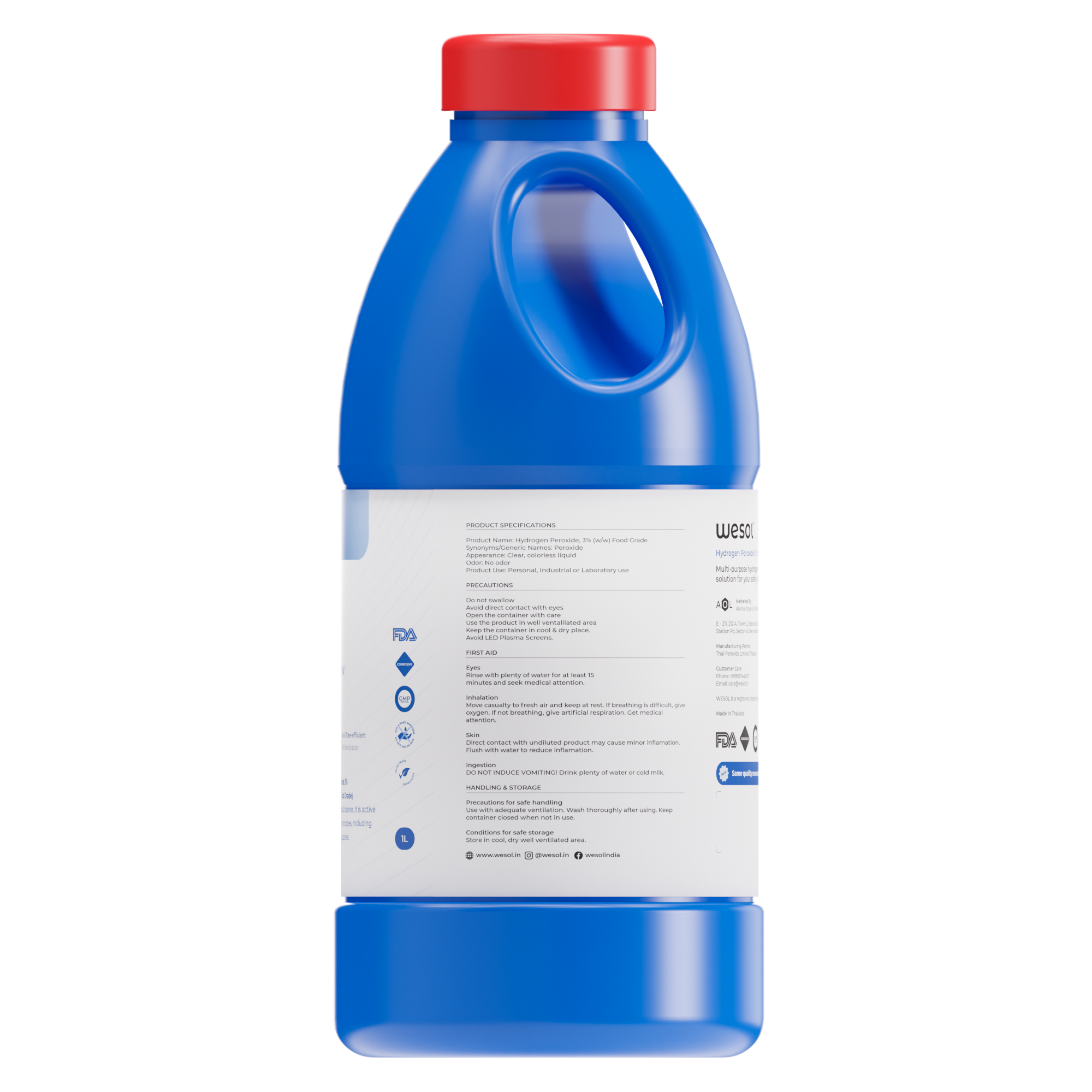 Wesol Hydrogen Peroxide 3% Food Grade | Multi-Use Disinfectant | Kills 99.9% Germs & Viruses | 1 Litre Pack - Best For Cleaning, General disinfection, Hydroponics, Food production units.