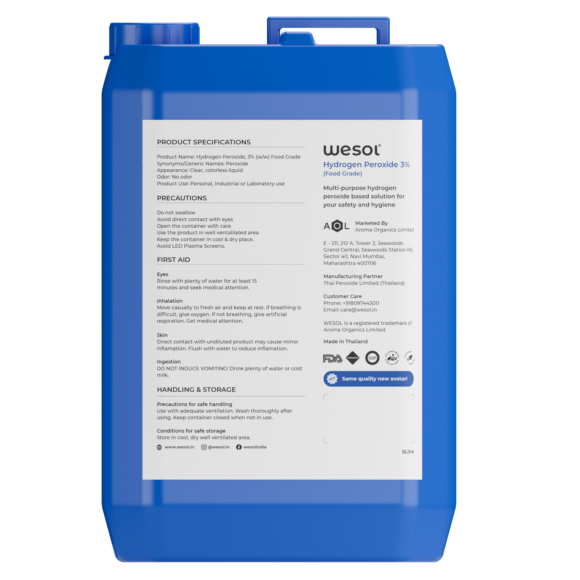 Wesol Hydrogen Peroxide 3% Food Grade | Multi-Use Disinfectant | Kills 99.9% Germs & Viruses | 5 Litre Pack - Best For Cleaning, General disinfection, deodorising, Hydroponics, Food production