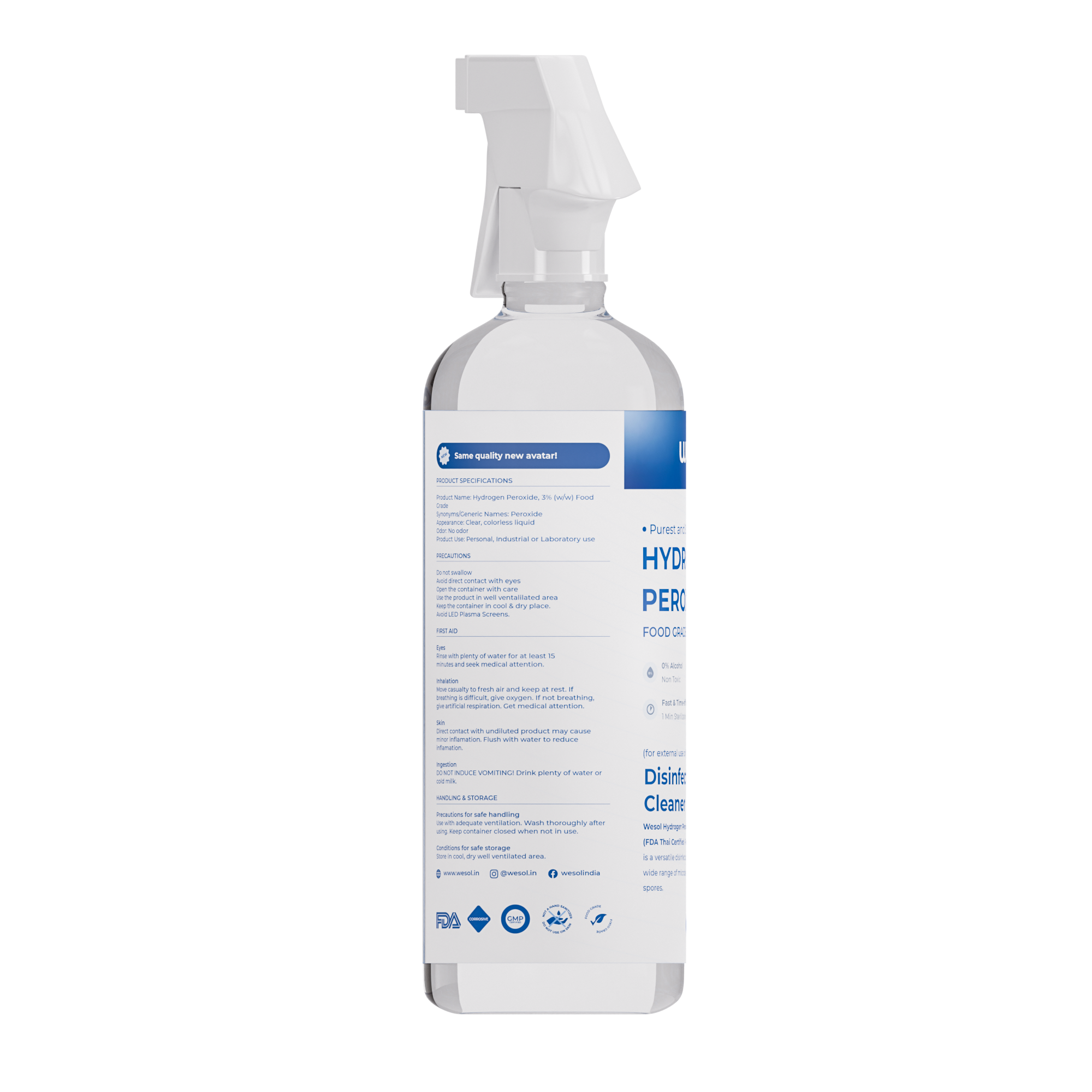 Wesol Hydrogen Peroxide 3% Food Grade | Multi-Use Disinfectant | Kills 99.9% Germs & Viruses | 500ml Pack - Best For Cleaning, General disinfection, deodorising, Hydroponics, Food production